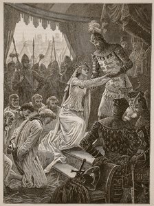 Dronning Philippa går i forbønn for burghessene i Calais, illustrasjon fra Cassells Illustrated History of England (sepia-bilde) av English School