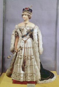 Dronning Victoria (1819-1901) dukke kledd i kroningskappene sine, ca. 1840 (voks) av English School