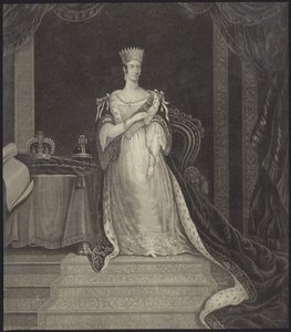 Dronning Victoria satt ved siden av kronjuvelene av English School