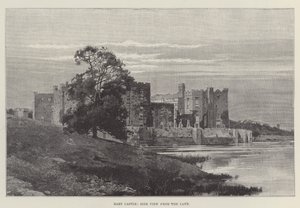 Raby Castle, Seitenansicht vom See (Stich) von English School