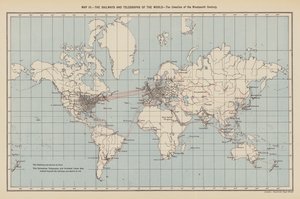 Jernbaner og telegrafer i verden, skapelsen av det nittende århundre (fargelitografi) av English School