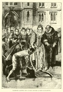 Raleigh legger kappen sin foran dronning Elizabeth av English School
