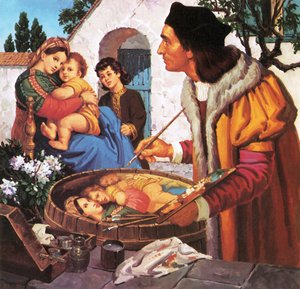 Raphael maler madonna og barn på toppen av en vintønne av English School