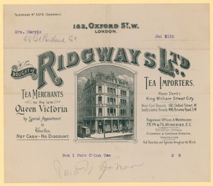 Kvittering fra Ridgways, teimportører, 182 Oxford Street, London av English School