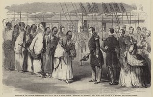 Mottakelse av de japanske ambassadørene på Dick av den amerikanske dampfregatten «Roanoake» ved Aspinwall, 25. april, av flaggoffiser WJ McCluney og kaptein Gardner (gravering) av English School