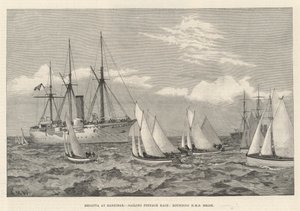 Regatta på Zanzibar, Sailing Pinnace Race, runding av HMS Brisk (gravering) av English School