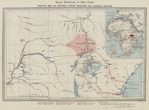 Hjelpeekspedisjon til Emin Pasha, skissekart over Sentral-Afrika som viser de forskjellige rutene (farge litho) av English School