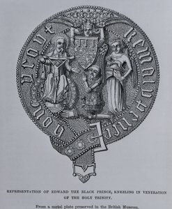 Representasjon av Edward den svarte prinsen som kneler i ære for den hellige treenighet av English School
