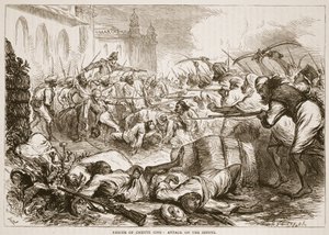 Rescue of Cheyte Sing: angrep på sepoyene, illustrasjon fra Cassells Illustrated History of India av James Grant, pub. 1879 av English School