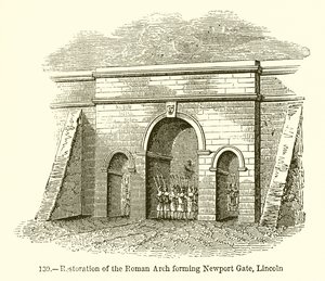 Restaurering av den romerske buen som danner Newport Gate, Lincoln av English School