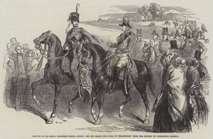 Return of His Royal Highness Prince Albert and His Grace the Duke of Wellington fra Review on Wimbledon Common (gravering) av English School