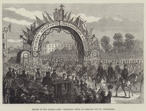 Return of the Russian Army, Triumphal Entry of Cossacks in St Petersburg (gravering) av English School