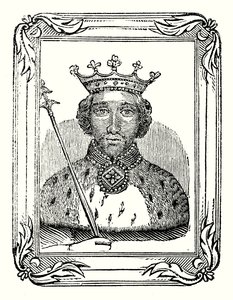 Richard II ble født i 1366, kronet i 1377 og myrdet i 1399 (gravering) av English School