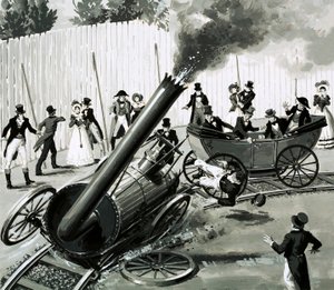 Richard Trevithick bygde en liten sirkulær jernbane i London for å introdusere folk til togreise (gouache på papir) av English School
