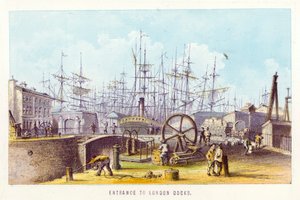 Themsen: Inngang til London Docks (farget gravering) av English School
