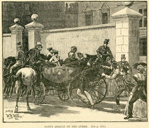 Robert Pates Striking the Queen utenfor Cambridge House, illustrasjon hentet fra The Life and Times of Queen Victoria, Vol. II av Robert Wilson, 1888 av English School