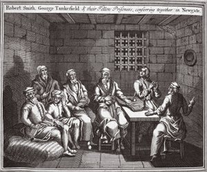 Robert Smith, George Tankerfield og deres medfanger, konfererte sammen i Newgate, illustrasjon fra Foxes Martyrs ca. 1703 av English School
