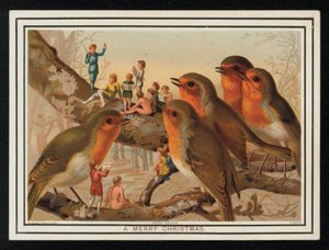 Rødstruper og en gruppe utøvere, julehilsenkort. (chromolitho) av English School