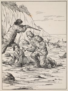 Robinson Crusoe og Friday rescuing the Spanjor, illustrasjon fra The Story of Robinson Crusoe: An adaptation for children following Defoes language, pub. av Griffith Farran Browne & Co. Limited, Lo av English School