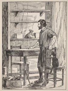 Robinson Crusoe bygger bord og stoler for hulen hans, illustrasjon fra The Story of Robinson Crusoe: En tilpasning for barn etter Defoes-språket, pub. av Griffith Farran Browne & Co. Limit av English School