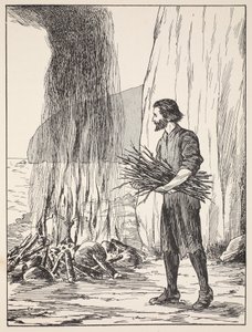 Robinson Crusoe cooking, illustrasjon fra The Story of Robinson Crusoe: En tilpasning for barn etter Defoes språk, pub. av Griffith Farran Browne & Co. Limited, London av English School