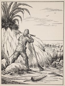 Robinson Crusoe, illustrasjon fra The Story of Robinson Crusoe: En tilpasning for barn etter Defoes-språket, pub. av Griffith Farran Browne & Co. Limited, London av English School