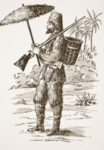 Robinson Crusoe, illustrasjon fra The Story of Robinson Crusoe: En tilpasning for barn etter Defoes-språket, pub. av Griffith Farran Browne & Co. Limited, London av English School