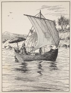 Robinson Crusoe på båten sin, illustrasjon fra The Story of Robinson Crusoe: An adaptation for children following Defoes language, pub. av Griffith Farran Browne & Co. Limited, London av English School