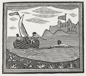 Robinson og Xury rømmer fra myrene, illustrasjon fra Chap-books of the Eighteenth Century av John Ashton, pub. 1882 av English School