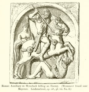 Romersk hjelpemann på hesteryggen som dreper en fiende. (Monument funnet nær Mayence. Lindenschmit, op. cit., vii. No. 3) av English School