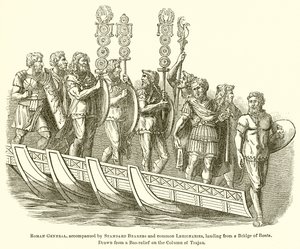 Romersk general, akkompagnert av fanebærere og vanlige legionærer, lander fra en bro av båter av English School