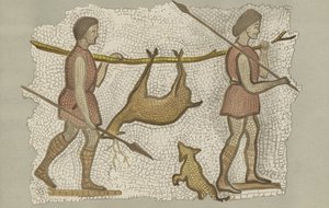 Romersk mosaikk, som viser to menn som bærer en hjort (farge litho) av English School