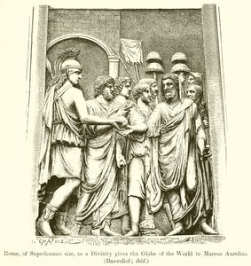 Roma, av overmenneskelig størrelse, gir som en guddommelighet verdenskloden til Marcus Aurelius. (Bas-relieff; ibid) av English School