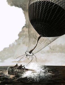 Rosemary Mudie og mannen hennes forsøker en transatlantisk kryssing med ballong (gouache på papir) av English School