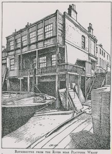 Rotherhithe fra Themsen nær Platform Wharf; Engelen av English School