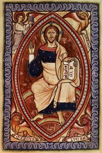 Roy 2 A XXII f.14 Kristus i majestet med symboler for evangelistene, fra Westminster Psalter, ca. 1250 (vellum) av English School