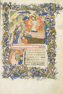 Roy 2 B I f.8 Kronet skikkelse støttet av gråskjegget helgen som kneler foran et bilde av Pity, fra Salteren til Humphrey Duke of Gloucester, ca. 1420-30 (vellum) av English School