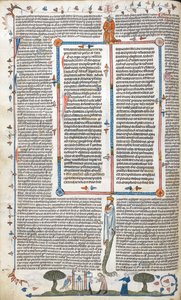 Royal 10 E. IV, f.30v, Tekst og bas-de-side scene av en mann og en kvinne utenfor en bygning, fra 