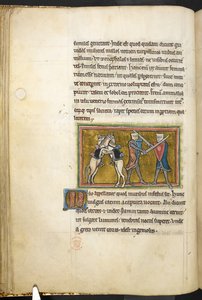 Royal 12 F.XIII, f.42v To riddere som kjemper til fots med sverd, mens hestene deres kjemper mot hverandre på bakbeina. , fra Bestiary (ff. 3-141), Lapidary (ff. 141v-149)  , 2. kvartal av 1200-tallet (vellum) av English School