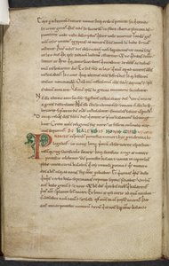 Royal 13. A.XI, f.47vInitial P.De temporum ratione.Bede den ærverdige.Diverse verk om databehandling og astronomi.1000-1100-tallet av English School