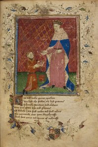 Royal 17 D. VI, f.40 Thomas Hoccleve kneler i ferd med å tilby sin bok til kong Henry V, illustrasjon fra 