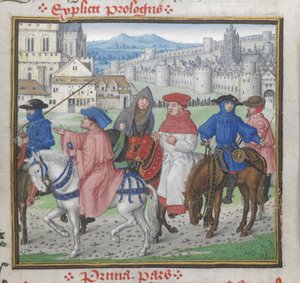 Kongelig 18 D. II, f.148 Slutt på prolog. John Lydgate og Canterbury-pilegrimene som forlater Canterbury, illustrasjon fra 