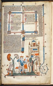 Royal MS 10 IV f.314r Kongen, Dronningen og deres slott med marginaldekor, illustrasjon fra 