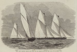 Royal Yacht Squadron Regatta, kampen om Hennes Majestets cup, den første tacken av Old Castle Point (gravering) av English School