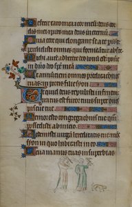 Royal ms 2_B VII f.177v Bas-de-page scene av to kvinner som bærer hauker, og en liten hund foran seg, med en bebodd initial, illustrasjon fra 