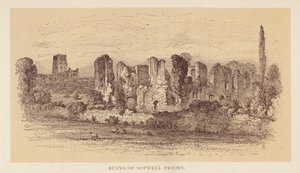 Ruinene av Sopwell Priory (fargelitografi) av English School