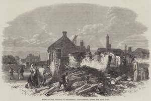 Ruinene av landsbyen Billinghay, Lincolnshire, etter den sene brannen (gravering) av English School