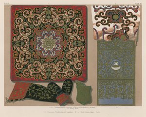 Russisk brodert lær, gullbroderi, Korfu (chromolitho) av English School