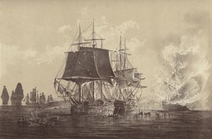 Russisk skip Vsevolod ødelagt i nærvær av den russiske flåten etter aksjonen med HMS Implacable, knyttet til den svenske marinen og kommandert av kaptein Thomas Byam Martin, i Baltikum, 26. august 1808 (litho) av English School