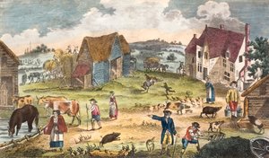 Rustikk gårdstunscene (farget gravering) av English School